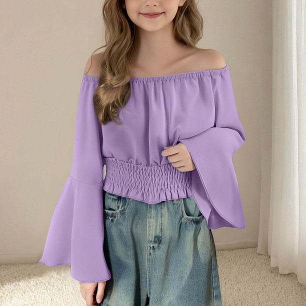 breaise Girl's Off Shoulder Tops Ruffle Trim Puff Long Sleeve Tube