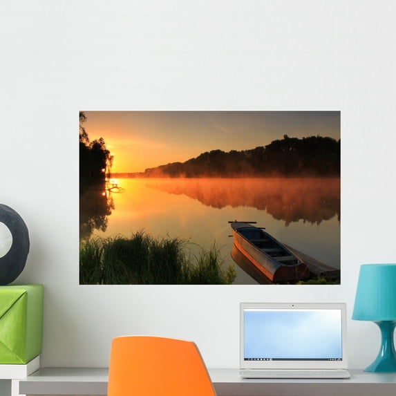 Boat Shore Misty Lake Wall Mural by Wallmonkeys Peel and Stick Graphic (24 in W x 16 in H) WM233117