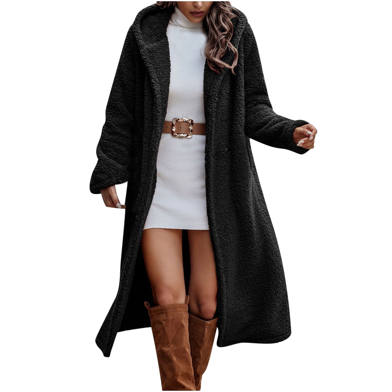 jsaierl Women's 2025 Winter Coats Fuzzy Fleece Long Hooded Jackets Button Down Faux Fur Warm Outwear with Pockets