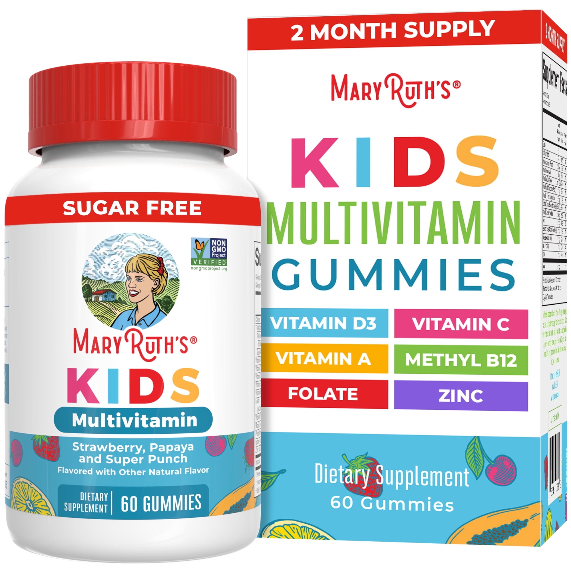 (3 pack) MaryRuth's Kids Multivitamin Gummies Strawberry Papaya Super Punch Gluten Free Vegan Unisex Ages 4+, 60 Count