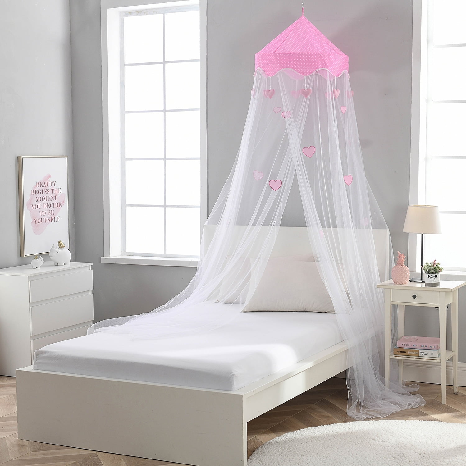 Epoch Hometex, Inc. Sweetheart Round Collapsible Pink Heart Hoop Sheer Mosquito Bed Canopy - White/Pink - 23" x 23" x 96"L