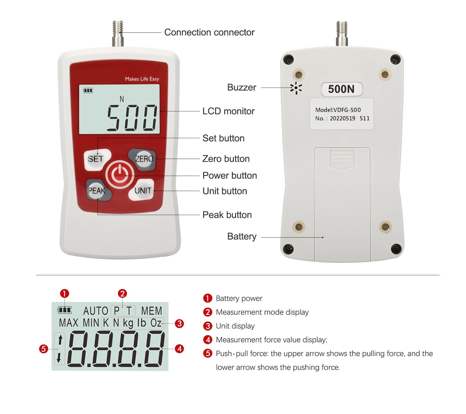 500N 50kg 110Lb 1800Oz Digital Force Gauge Push Pull Gauge Tester Portable Force Meter With Auto Backlit LCD Auto Power-Off