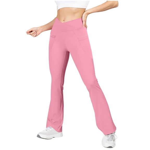 Ynynloco Leggings with Pockets for Women Solid Color Crossover High Waisted Tummy Control Flare Yoga Pants for Gym Athletic Sport Running Leggings