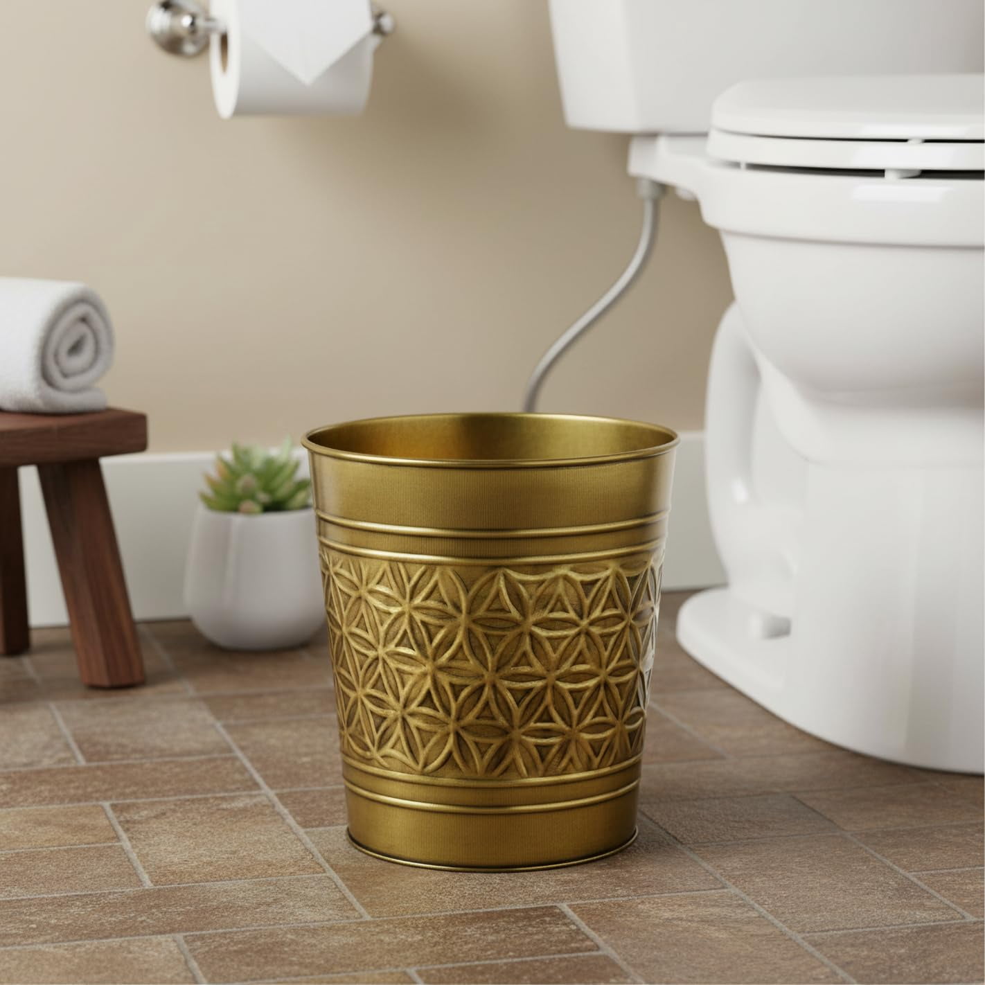 Autumn Alley Handcrafted Brass Bathroom Trash Can, Round Open-Top Bathroom Wastebasket Stylish Metal Waste Bin for Home, Office, Bedroom Decorative Waste Basket Decor, Coastal Trash Can Brass, 2 Gal.
