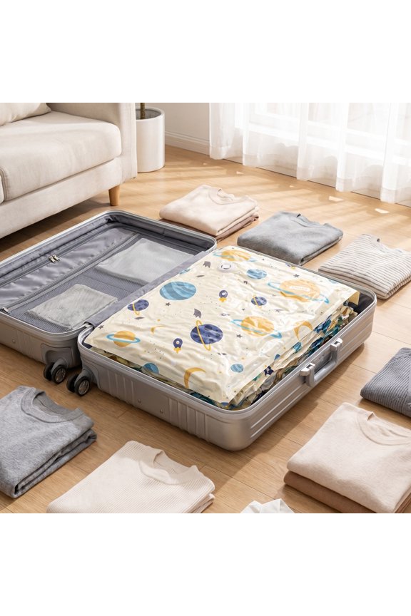 Space Print Vacuum Storage Bags Extra Thick Reusable Clothes Blanket Travel Organizer with Valve,D