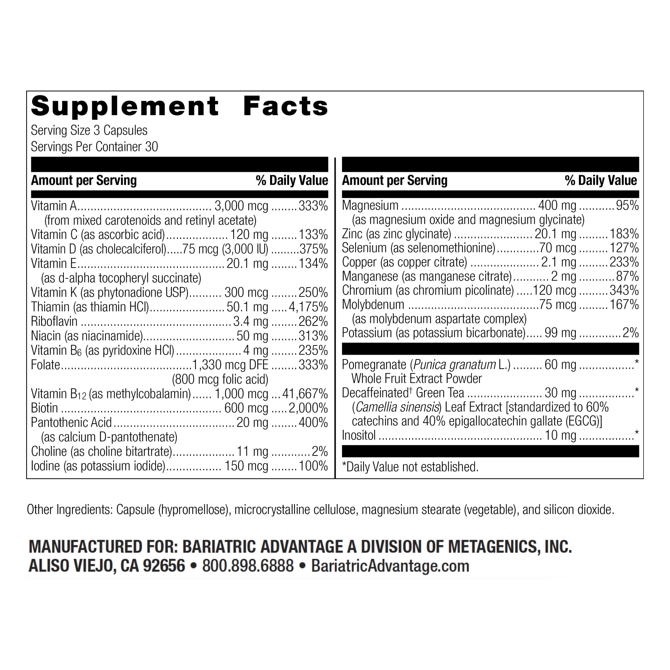 Bariatric Advantage Ultra Multi Without Iron - High Potency Multivitamin - For Bariatric Surgery Patients - Bariatric Multivitamin Capsule - With Calcium, Vitamin C & More - 90 Capsules
