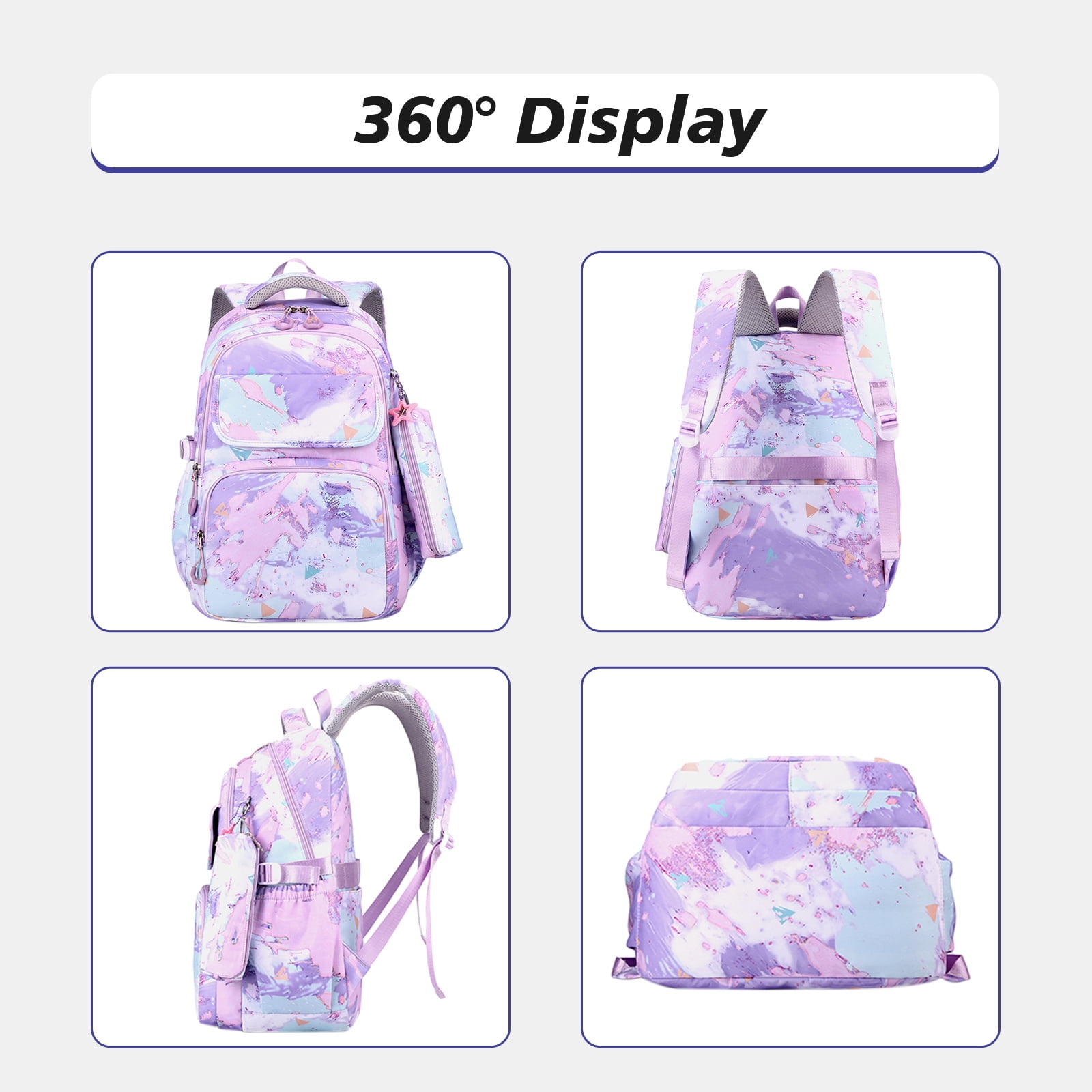 Imyth Backpack Set For Girls - 3 In 1 Bookbag, Lunch Bag & Pencil Case, Marble Blue 2 thumbnail image