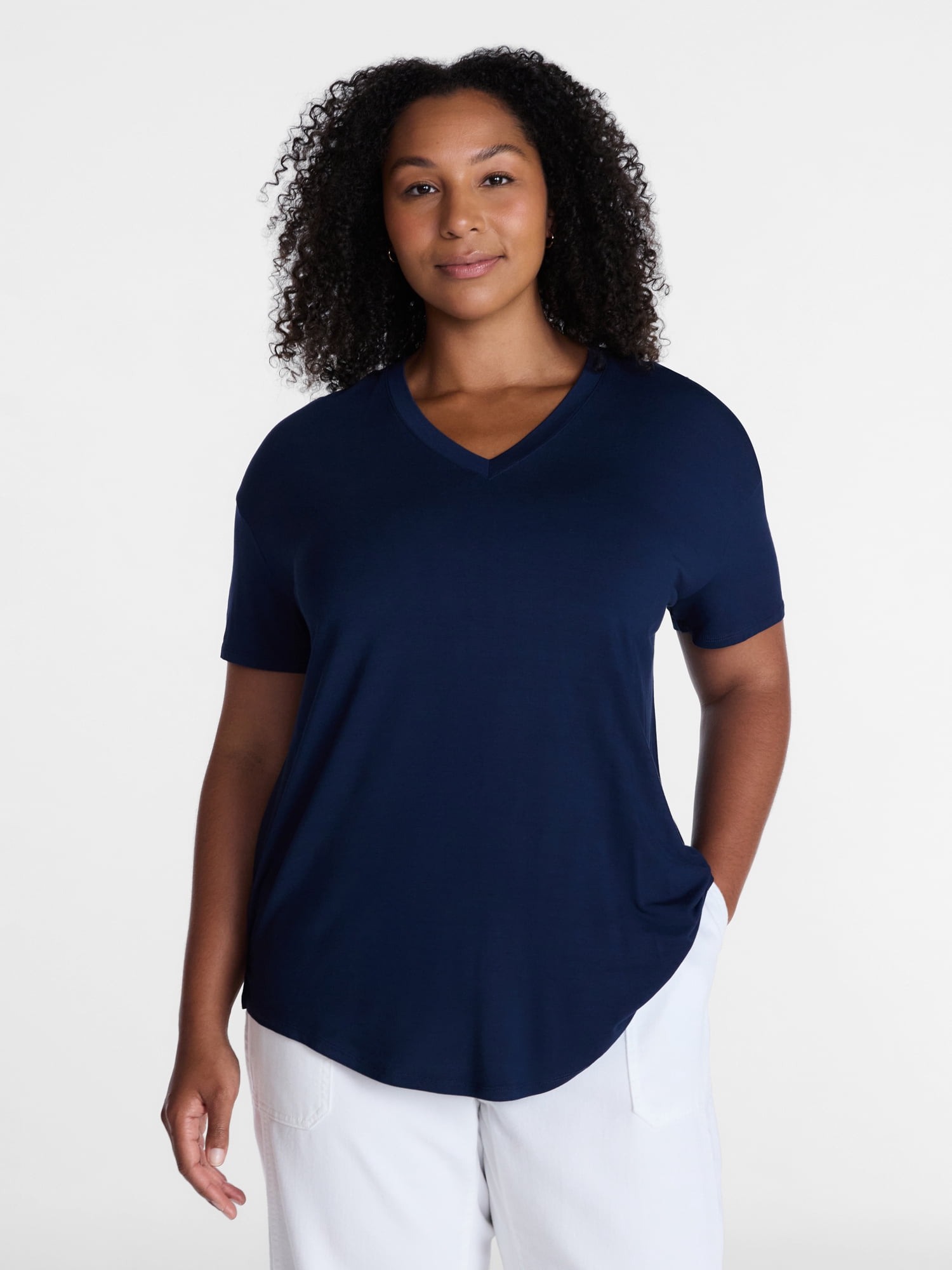 Time and Tru Women's V Neck Tunic Tee with Short Sleeves, Sizes XS-XXXL