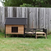 Hassch Outdoor Dog House with Porch, Waterproof Wooden Puppy Shelter Indoor Large Doghouse with Elevated Floor and Hinged Roof, for Small Medium Dogs Up to 80lbs (Yellow Brown)