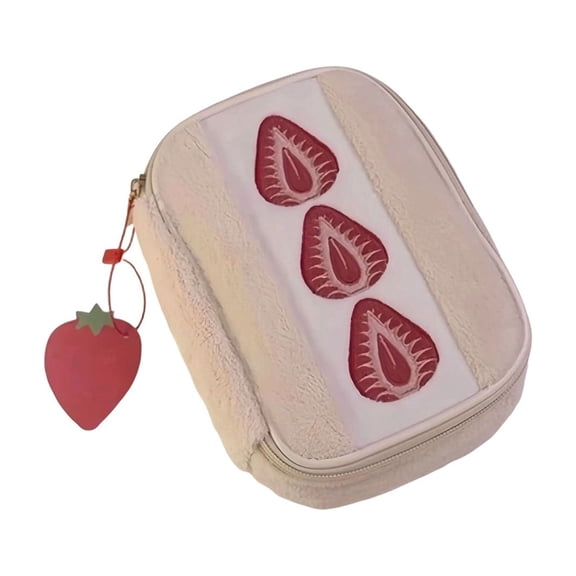 TACILIP Stationery Supplies, 1PC Strawberry Print Plushs Pencil Case Cute Fluffys Fabric Zipper Pouch For Stationery And Cosmetics, Teacher Gifts
