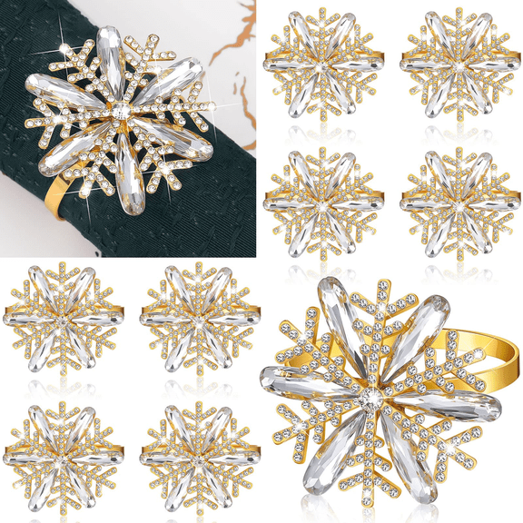 Fu997 8 pcs Christmas Snowflake Napkin Rings Xmas Buckle Christmas Gold Pearl Crystal Rhinestone Metal Napkin Ring Holder for Wedding Dinner Table Decor