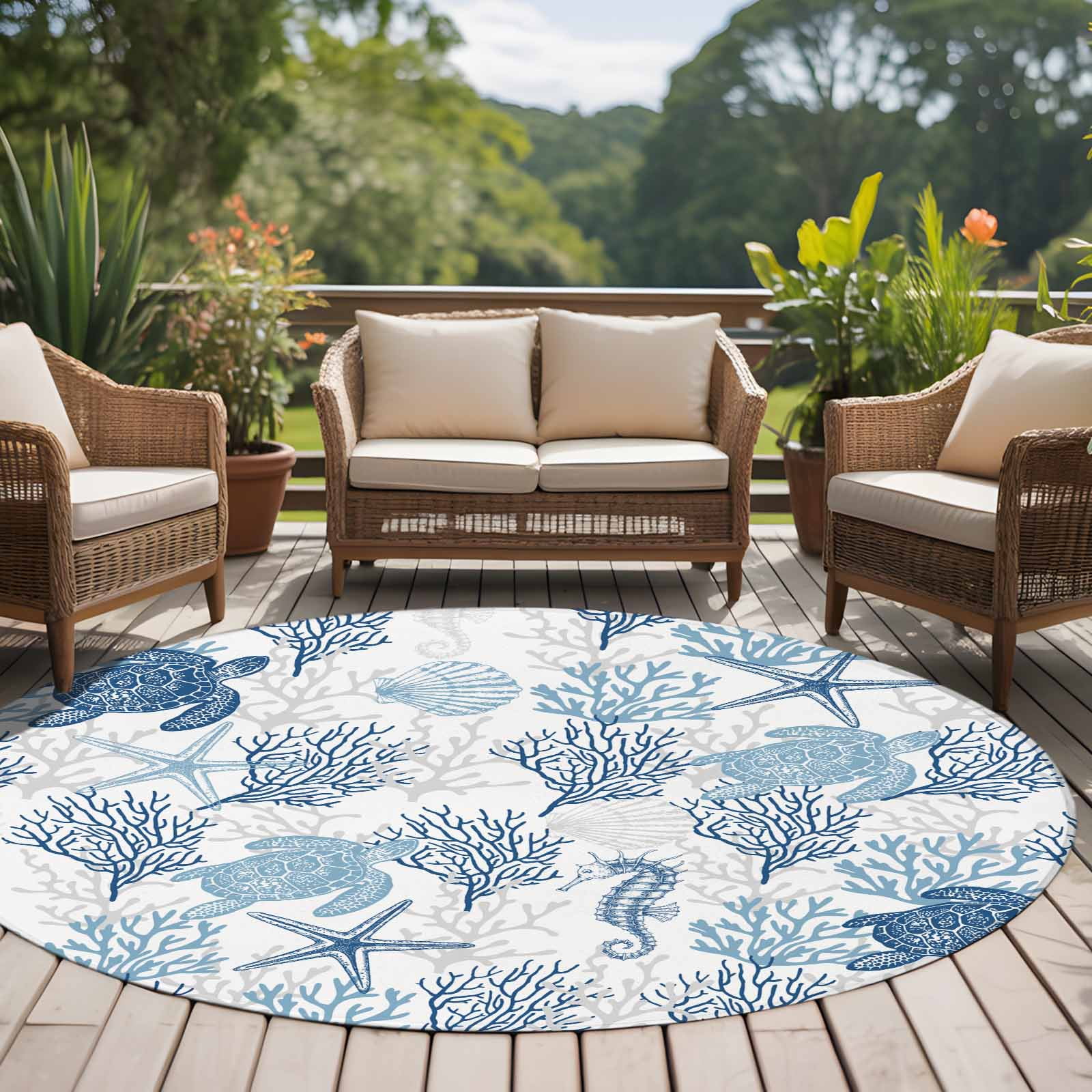Summer Ocean 6ft Round Rug for Living Room Under Coffee Table Blue Coral and Sea Turtle Low Pile Washable Non Slip Circle Area Rug