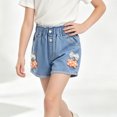 thumbnail image 6 of Girls Denim Shorts Elastic Waist Casual Jean Shorts with Cute Floral Embroidery Details Breathable Comfortable Bottoms for Summer Beach Vacation Holiday and Daily Wear Kids Clothes, 6 of 8