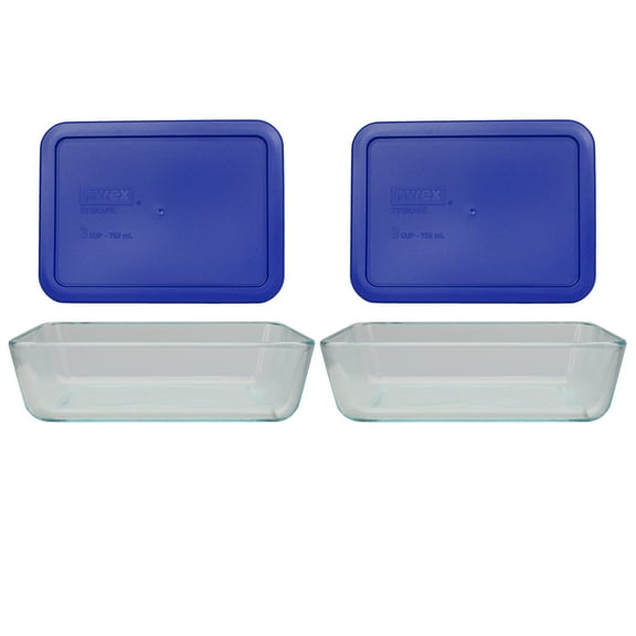 Pyrex 7211 6-Cup Rectangle Glass Food Storage Dish with 7211-PC 6-Cup Cadet Blue Lid Cover (2-Pack)