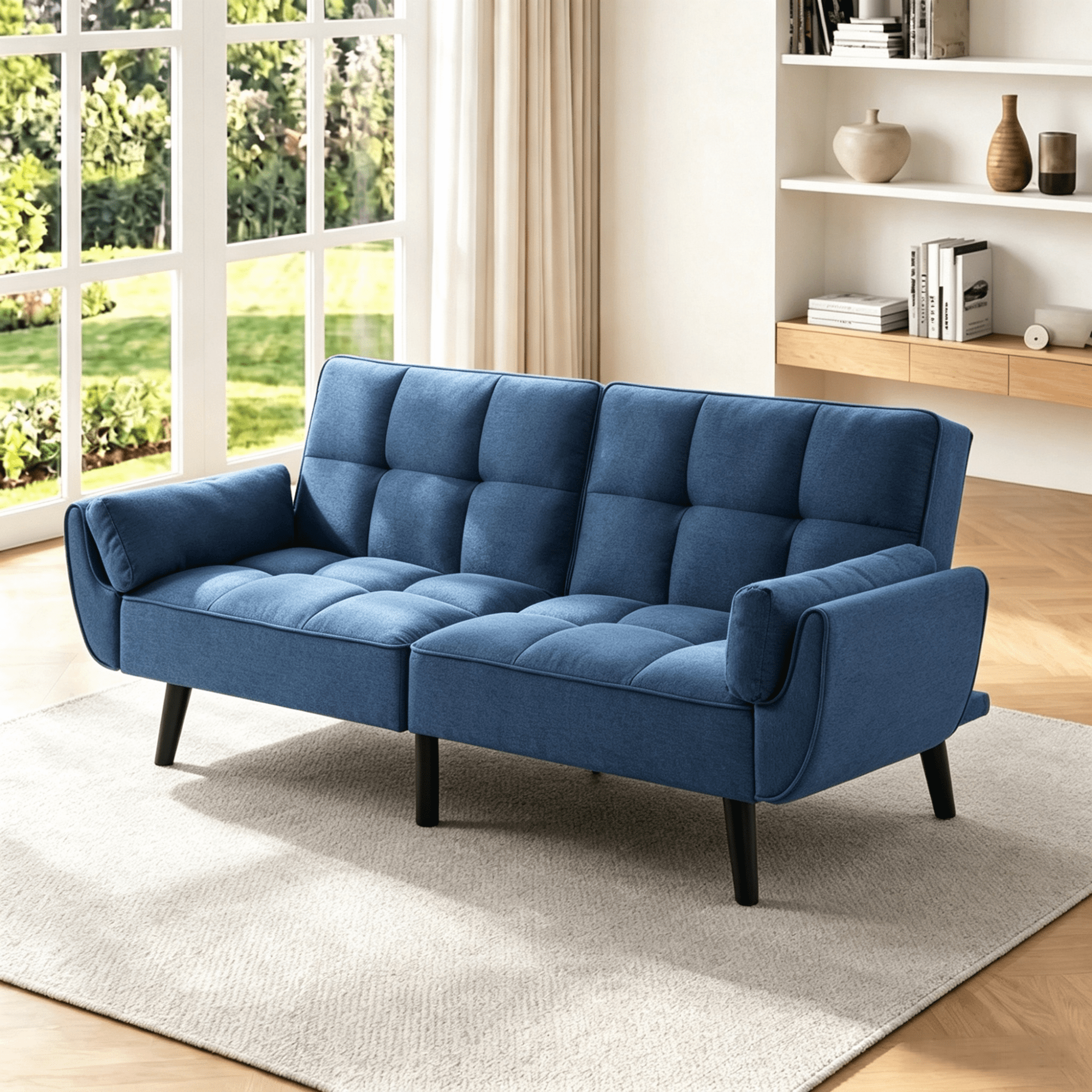 Gewnee 75.2”Convertible Futon Sofa Bed,Tufted Sleeper Couch with 3-Angle Adjustable Split Back,Upholstered Loveseat for Small Spaces & Guest Rooms.Dark Blue