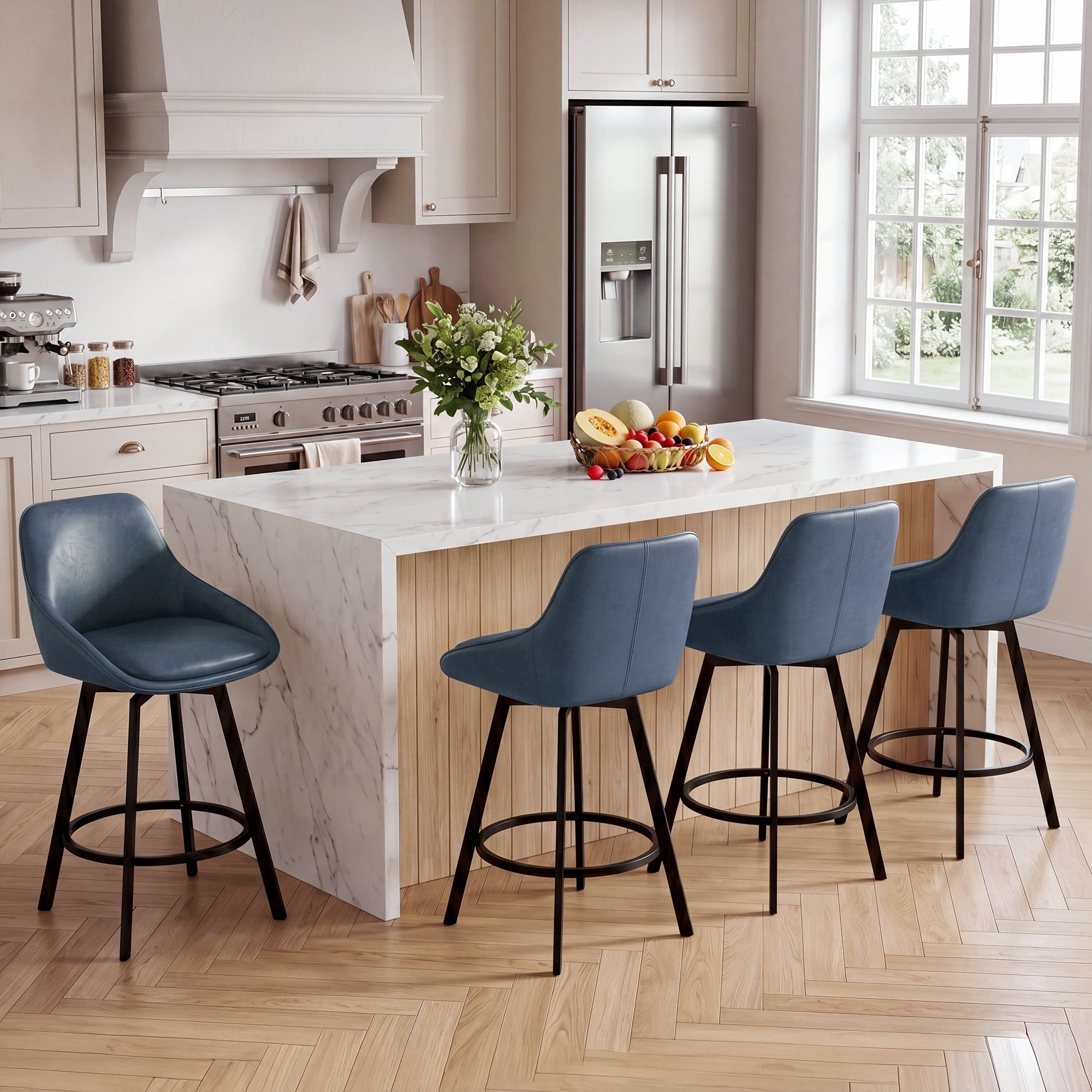 Zesthouse 25.6" Swivel Counter Height Bar Stools Set of 2, Modern Counter Height Chairs with Backs and Metal Legs, Upholstered Faux Leather Barstools for Kitchen Island, Blue