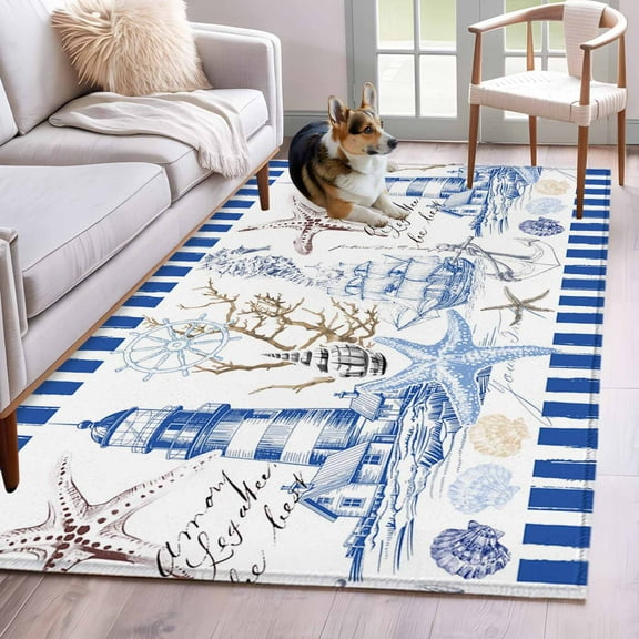 Coastal Blue Area Rug 3x5 Washable Rug Non Slip Ocean Nautical Lighthouse Starfish Anchor Large Area Rug Indoor Floor Carpet for Entryway Bedroom Kitchen Living Room Home Office Dining Room Nursery