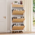 thumbnail image 6 of FOLDLIFE Rattan 3-Tier Slim Shoe Cabinet with 3 Flip Drawers and Metal Leg,Farmhouse Freestanding Rattan Shoe Storage Organizer, Narrow Shoe Rack, Hidden Wood Design,White+Oak, 6 of 9