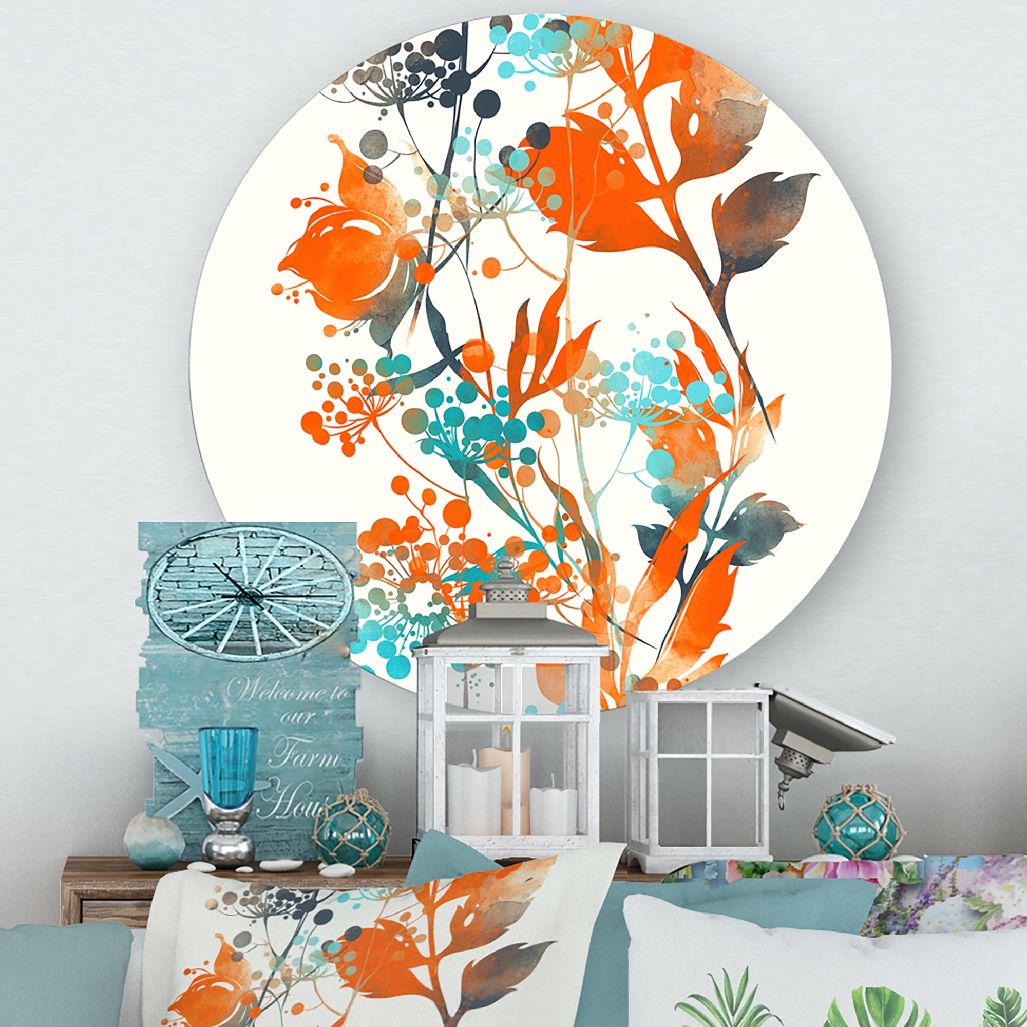 Designart 'Orange and Green Wildflowers III' Modern Circle Metal Wall Art 23x23 - Disc of 23