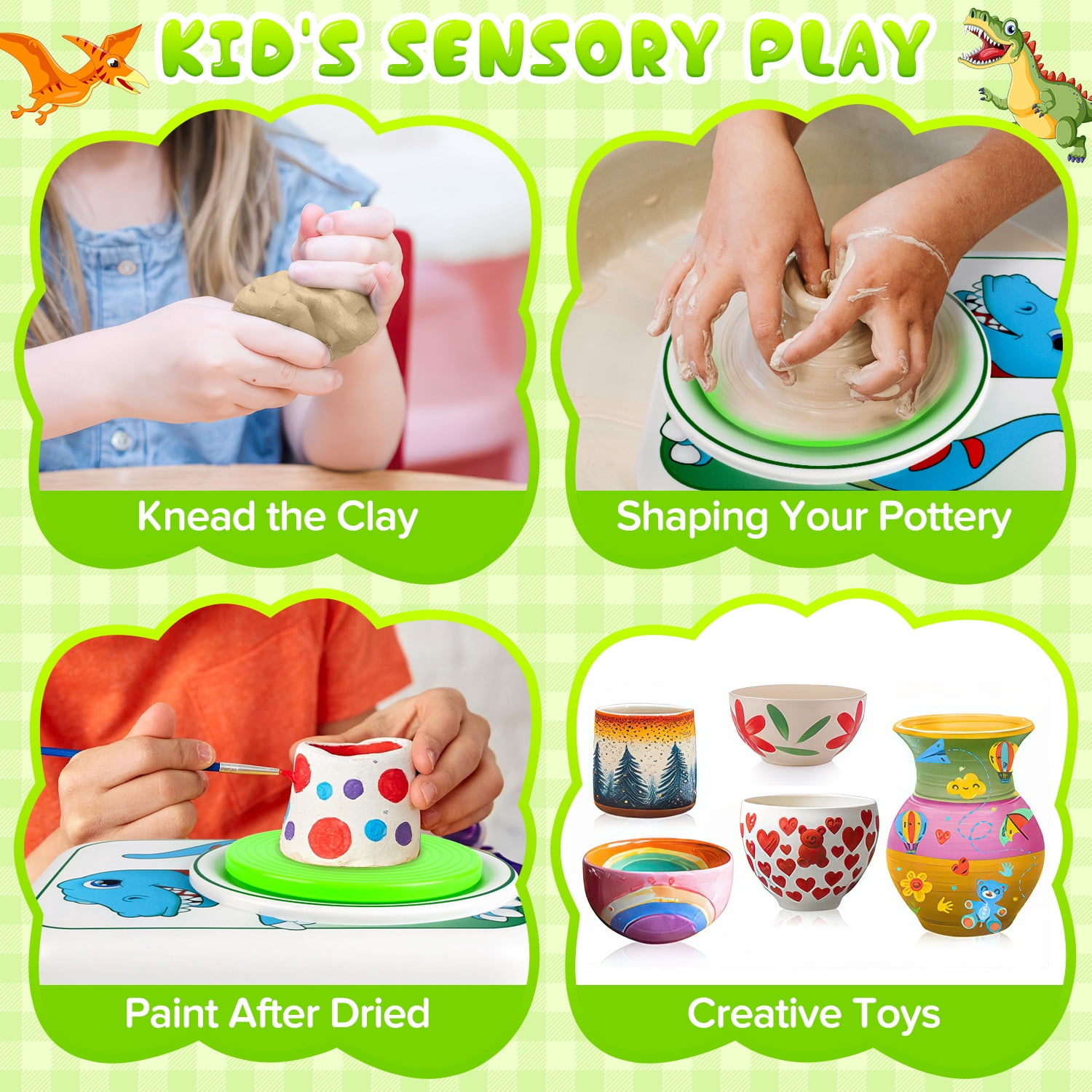 Huge Wave Pottery Wheel for Kids, Dinosaur Arts and Crafts Kit with 4 Clays, Air Dry Sculpting Clay and Craft Paint Toy Kit, Ideal Birthday Gifts for Aged 6-12