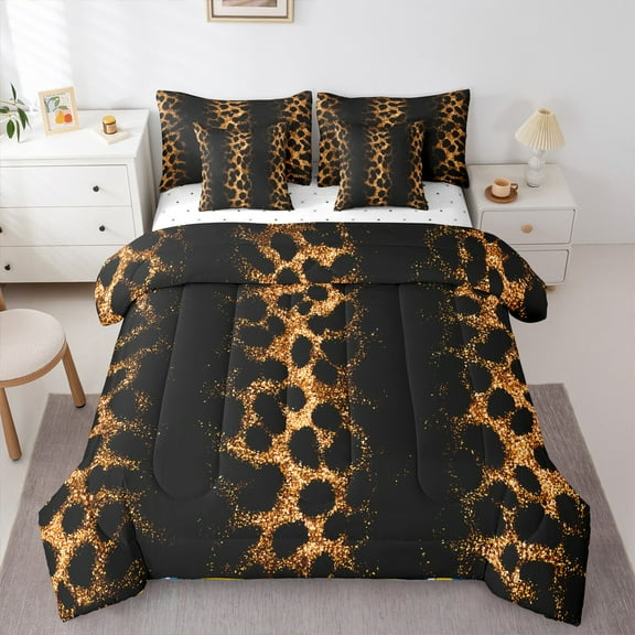 Manfei Leopard Cheetah Print Twin Bedding Sets 7-Piece, Black Gold Glitter Bedding Comforter Set, Modern Fashion Reversible Sheet Sets, Microfiber Bedroom Decor