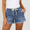 thumbnail image 2 of Tsesme Elastic Waist Jean Shorts for Women Fashion Casual High Waist Denim Shorts Pants with Pockets Roll up Hem Loose Casual Shorts ,Dark Blue,L, 2 of 7