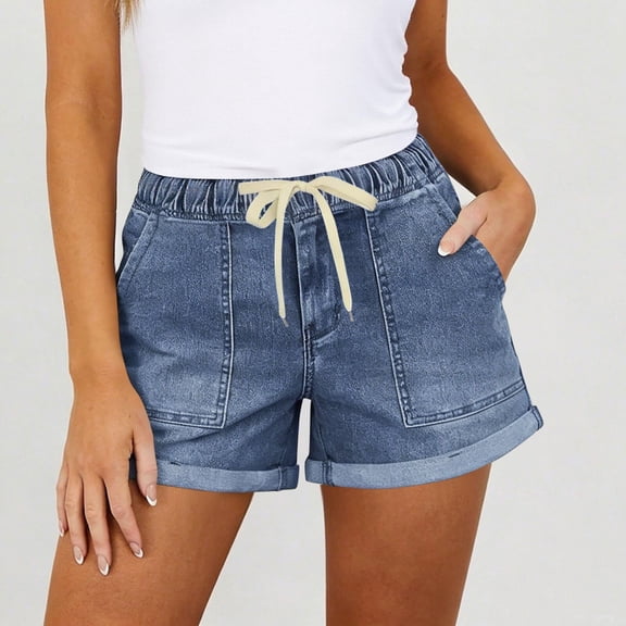 LEKWK Jean Shorts Womens Elastic Waist Drawstring Comfy Shorts Baggy Stretchy Rolled Hem Denim Shorts with Pockets Summer Trendy Daily Wear