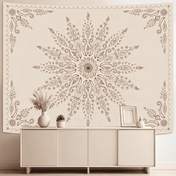 Mandala Wall Tapestry 1 Pack Boho Floral Flower Style Beige Aesthetic Hanging for Bedroom Living Room Dorm 60 x 50 Inch