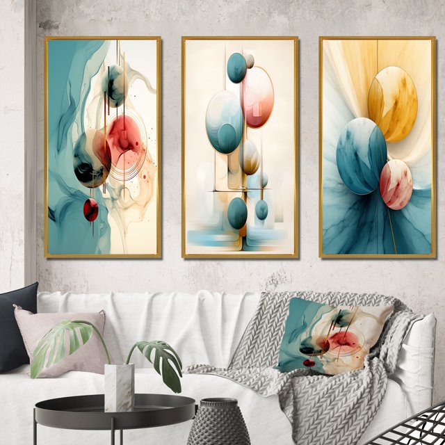 Designart "Shades of Retro Blue Circular Fusion II" Modern Geometric Framed Wall Art Set Of 3 - Blue Abstract Frame Gallery Wall Set For Home Decor
