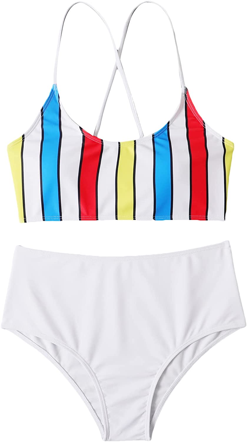 striped criss cross bikini swimsuit