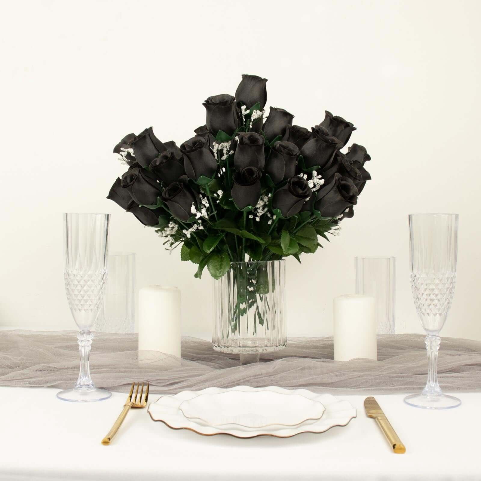 Efavormart 12 Bushes | Black Artificial Premium Silk Flower Rose Bud Bouquets