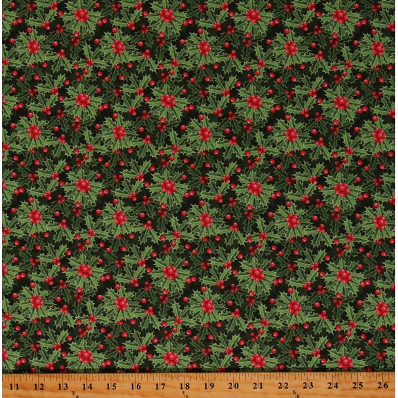 Cotton Christmas Holly and Ivy Plants Vegetation Branches Berries Nature Winter Holiday Seasonal Green Cotton Fabric Print by the Yard (122178)