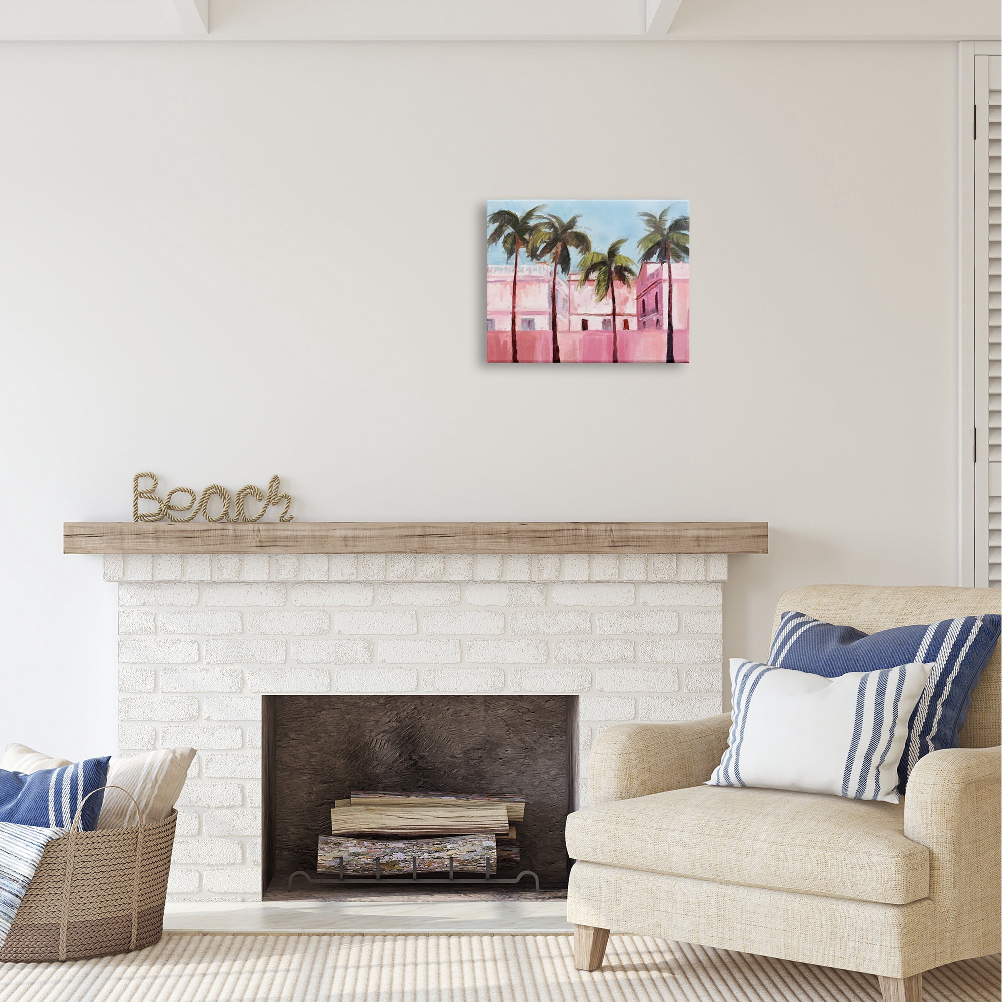 Stupell Industries Tropical Pink Buildings Botanical & Floral Painting Gallery Wrapped Canvas Art Print Wall Art, 20 x 16