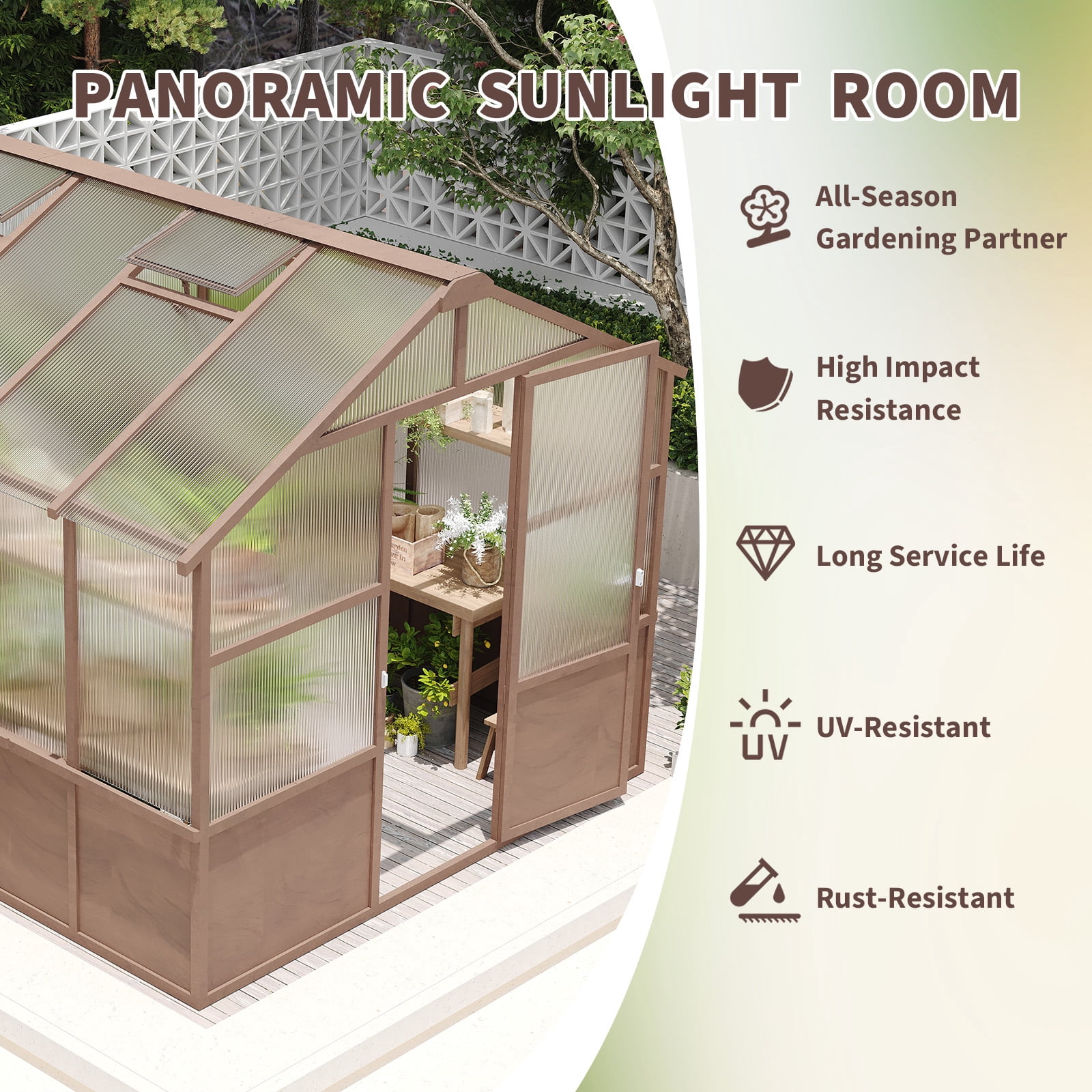 8x10 FT Premium Cedar Wood Greenhouse Kit, 6MM Twin-Wall Polycarbonate Panels, Walk-in Wooden Green House with Adjustable Vent & Lockable Door, Heavy Duty UV-Protected Garden Nursery for Outside