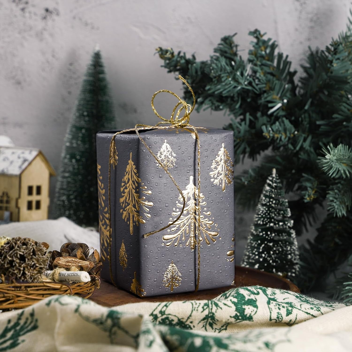 3D Kraft Christmas Wrapping Paper Roll - Mini Roll - 17 Inch x 16.5 Feet - Gold and Dark Grey Christmas Tree Wrapping Paper with Embossed Perfect for Holiday, Party Celebration