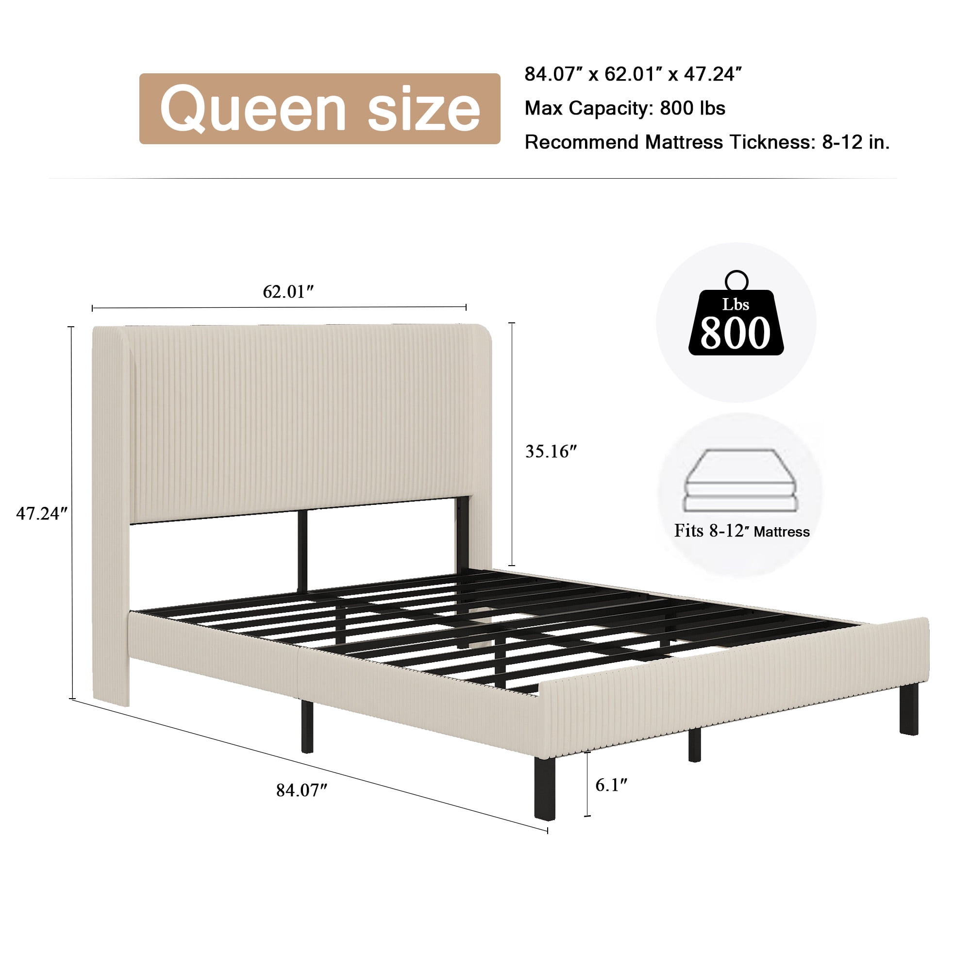 Yoneston Queen Size Platform Bed Frame with Velvet Upholstered Headboard Storage Shelf and USB Port Charging Station for Bedroom, Beige