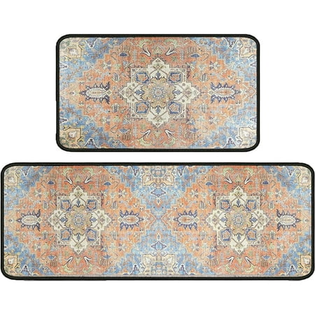 

Cambpdkje Boho Kitchen Rugs 2 Pieces Bohemian Washable Non-Slip Kitchen Sink Decor Carpet Home Water Absorb Microfiber Cushioned Kitchen Floor Standing Mats 17 x47 +17 x30