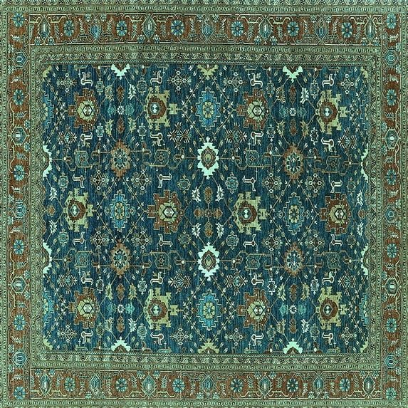 Ahgly Company Machine Washable Indoor Square Oriental Turquoise Blue Industrial Area Rugs, 5' Square