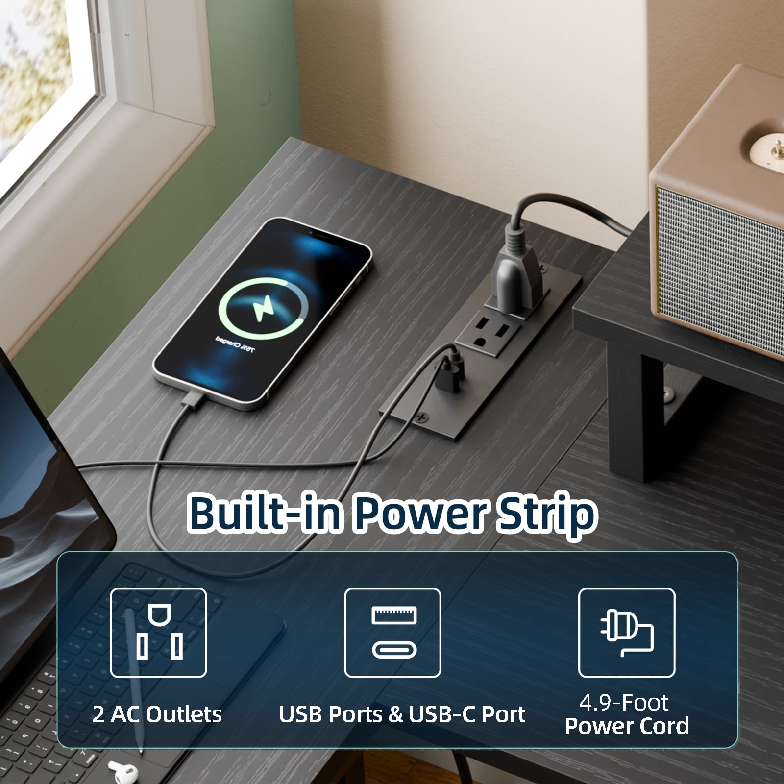 Fairy L Shaped Gaming Desk, 43in Computer Desk with Charging Port (Black)