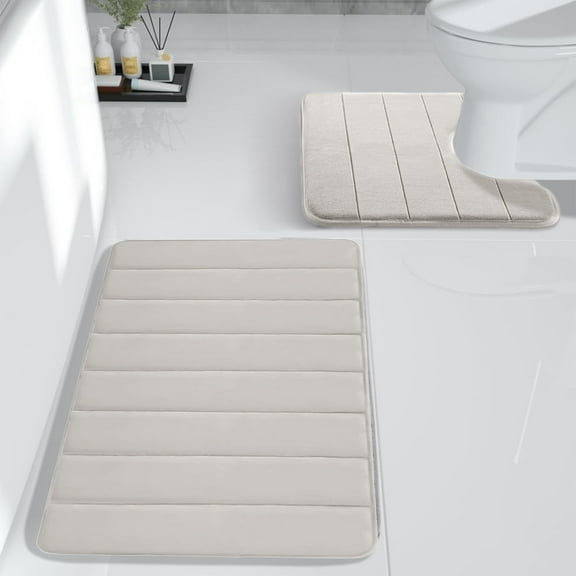 Kabnic 2-Piece Memory Foam Bath Mat Set | Extra Soft, Non-Slip, Absorbent Bathroom Rugs for Floor, Living Room & Shower | Beige