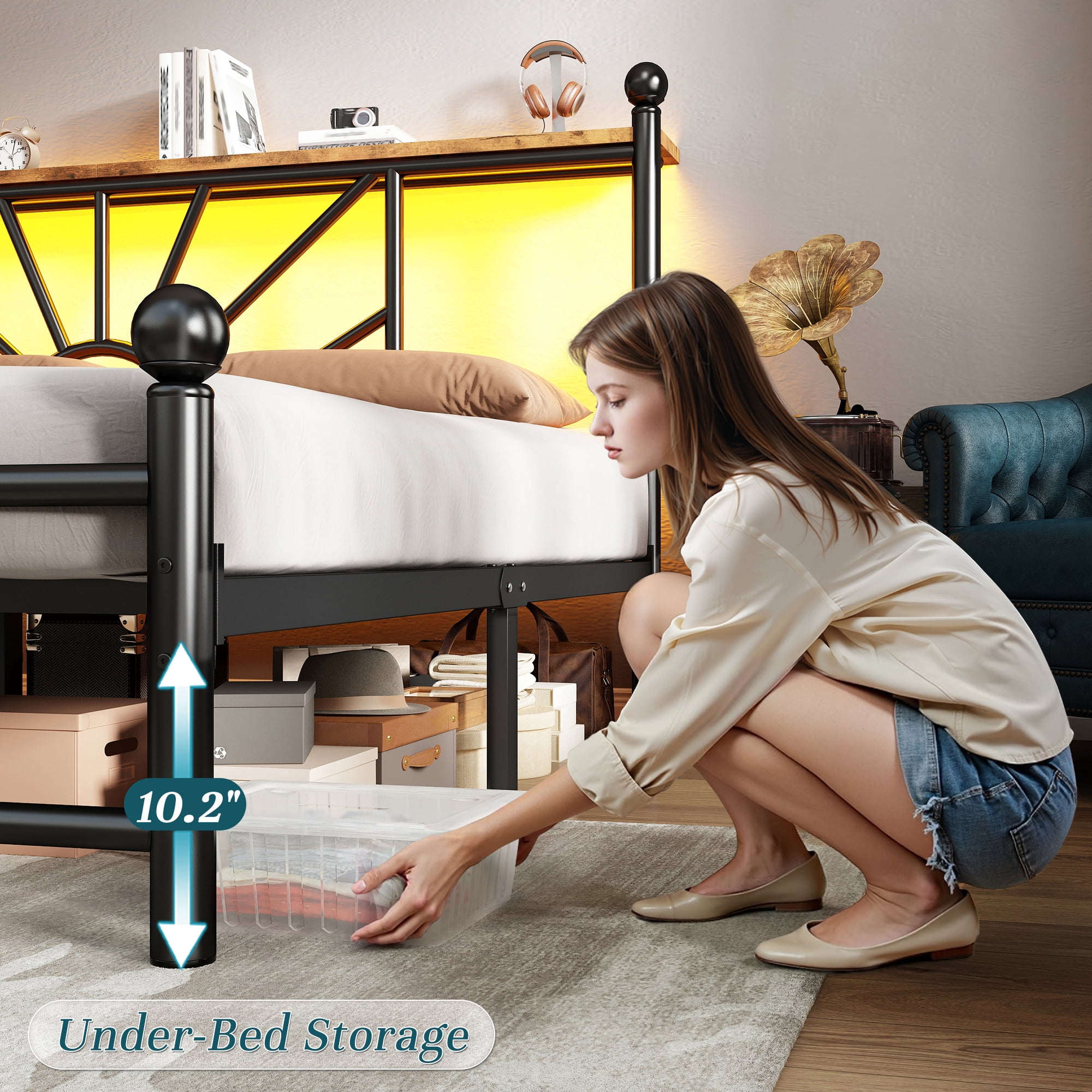 EnHomee Full Size Metal Bed Frame with Vintage Headboard & Footboard Metal Platform Bed Frame Full with LED Lights & Storage, Noise Free, Black