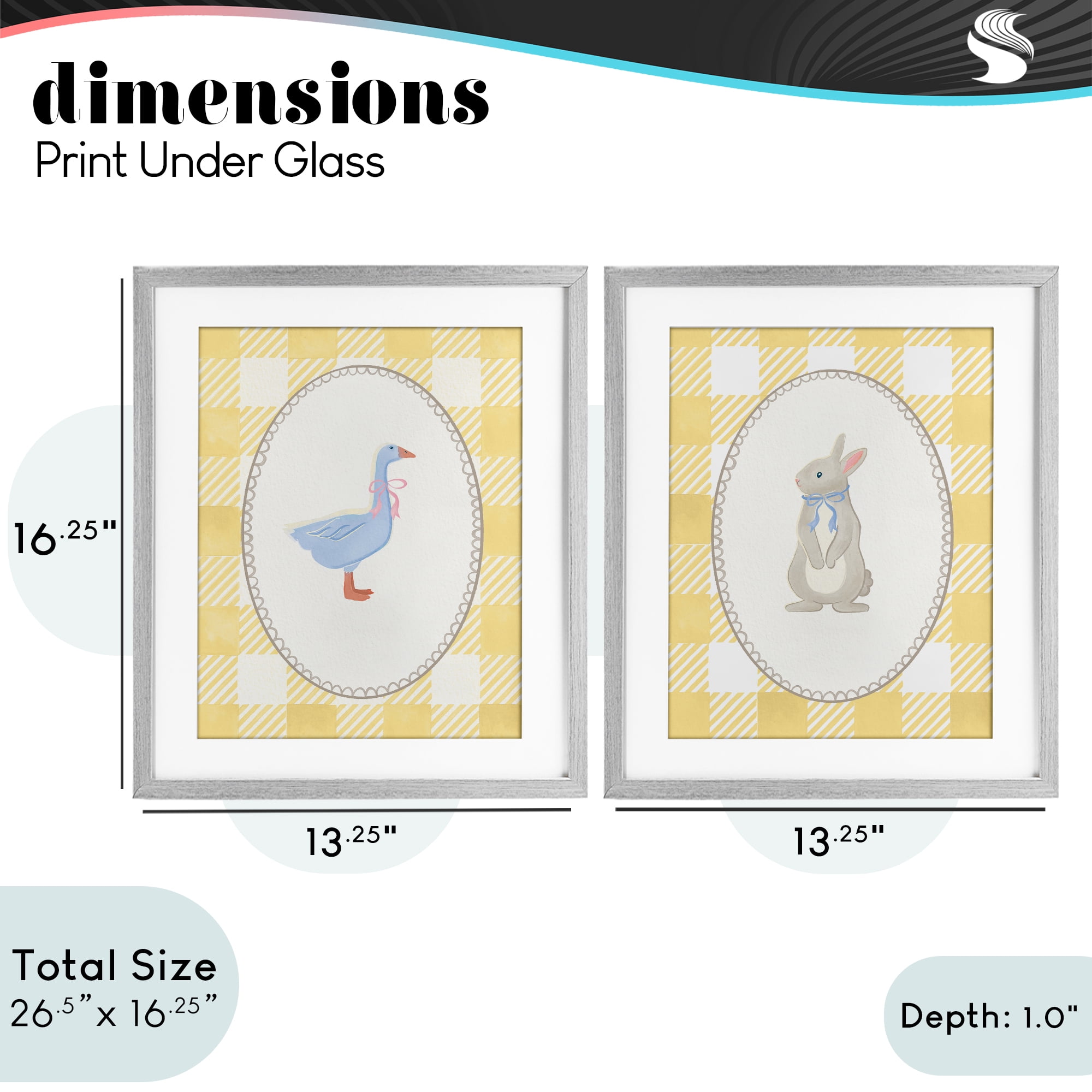 Stupell Industries Goose & Bunny Yellow Gingham 2 Piece Gray Framed Print Under Glass Set, design by The Paper Curator