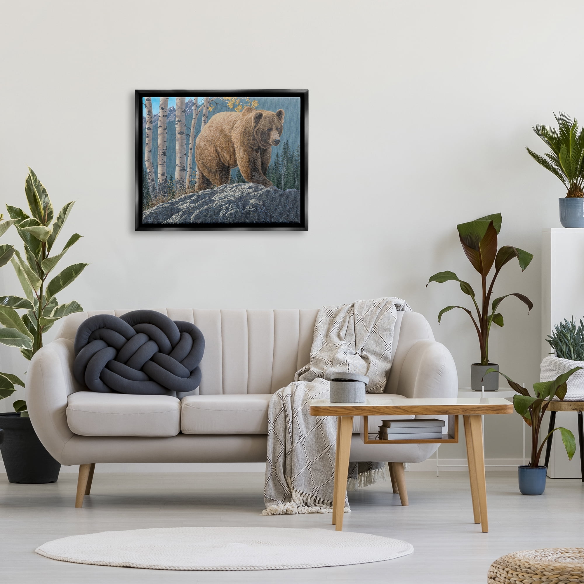 Stupell Industries Brown Bear on Rock Animals & Insects Painting Black Floater Framed Canvas Art Print Wall Art, 31 x 25