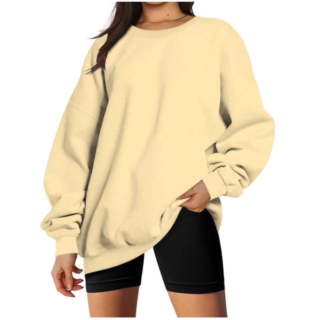 KIHOUT Spring Winter Womens Tops Fashion Long Sleeve Round Neck Loose Sweatshirt Solid Color Hoodlesss Blouse Tops