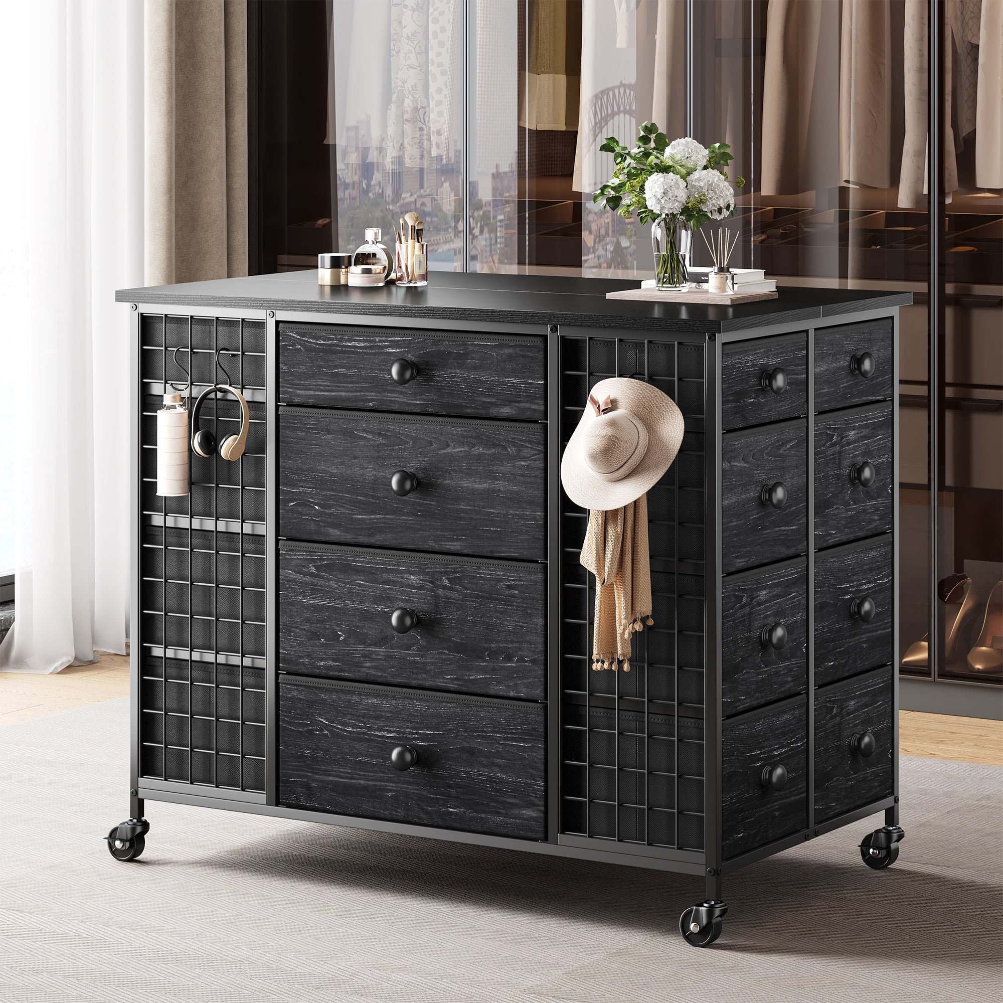 EnHomee 24 Drawers Dressers for Bedroom Closet Dresser Fabric Drawers with Wheels,Black