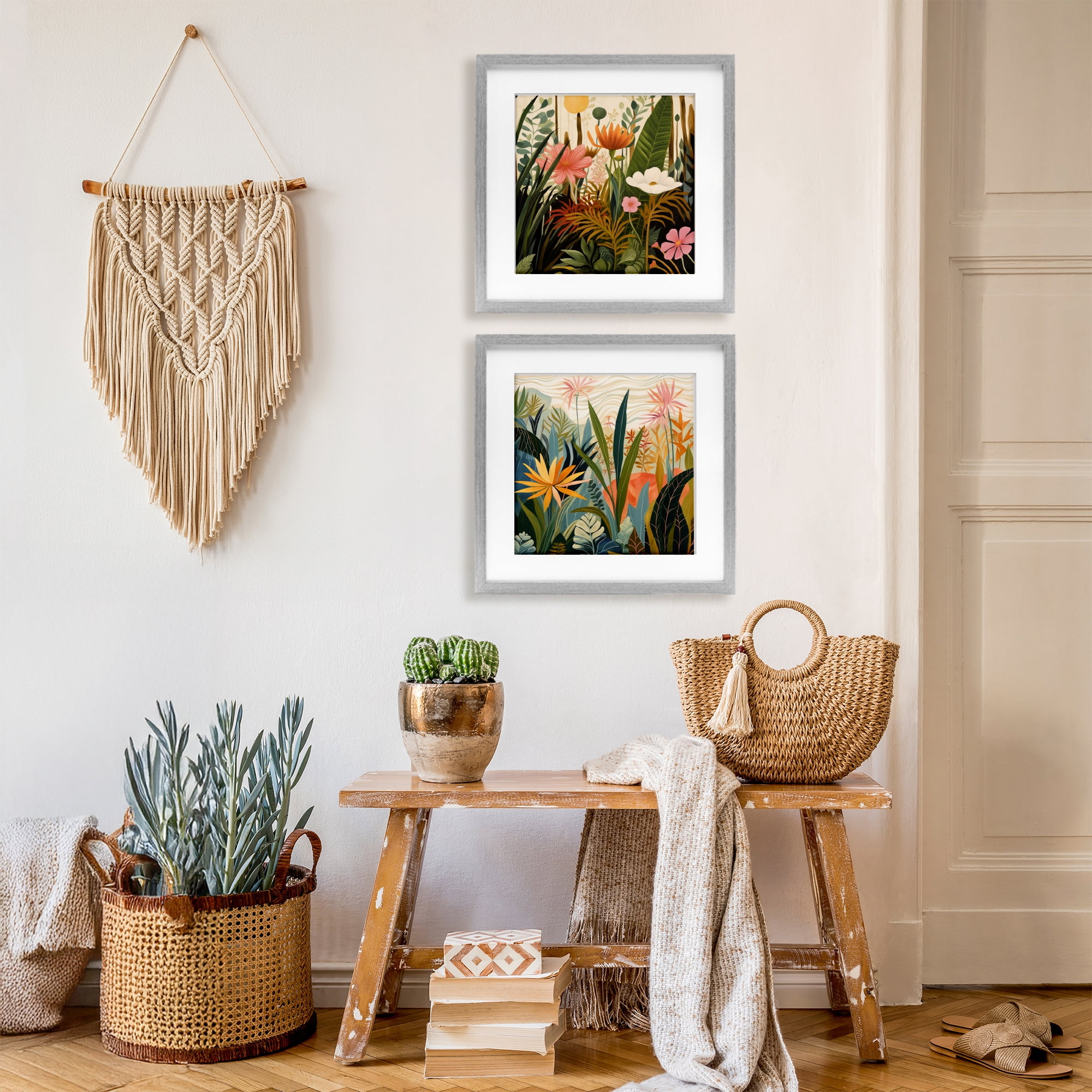 Stupell Industries Botanical Embrace Blooms 2 Piece Gray Framed Print Under Glass Set, design by Lazar Studio