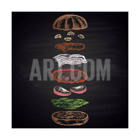 Colored Illustration of Chalk Drawn Apple Burger with Turkey Cutlet and Ingredients. Burger Menu Co Print Wall Art By