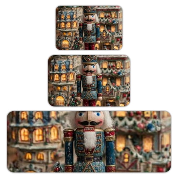 RKSupls Kitchen Rug Set 3 Piece Anti-Slip Flannel Floor Mats, Nutcracker Christmas Village Washable Absorbent Runner Mats for Kitchen Bathroom Home Decor