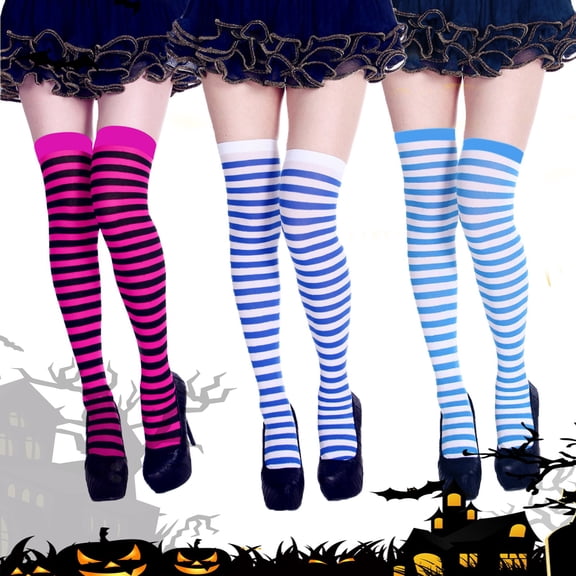 siminsem Women Striped Thigh High Socks Halloween Over The Knee Witch Stockings Black White Knit Cosplay Party Dress Up Accessories Stretchy One Size 1 Pair, Light blue,One Size