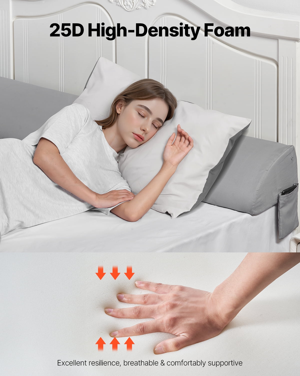 VEVOR Bed Wedge Pillow for Headboard, King Size,72"x10"x6" Bed Gap Filler, Fill 0-7" Gap Between Headboard and Mattress,25D Foam Mattress Wedge Headboard Pillow with Side Pocket,for Backrest,Gray
